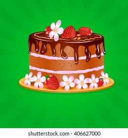 Cake with strawberries, chocolate creme and flowers.  Vector Illustration