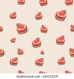 Cake with strawberries Hand drawn sketch on pink background. seamless pattern vector