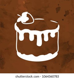 Cake with strawberries isolated vector icon. White dessert symbol on a chocolate background. Cake logo. Strawberry, branding. Cartoon silhouette for menu 

