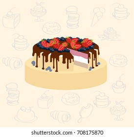 cake with strawberries on a background of a set of contour sweets. vector illustration