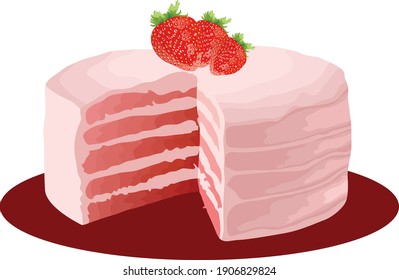 a cake with strawberries on it, this cake is baby pink in color