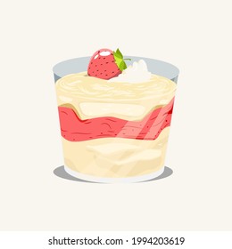 cake with strawberries on top, this cake in light pink color, vector illustration of strawberry cake with strawberries, vanilla cake with strawberries on top, food in a glass