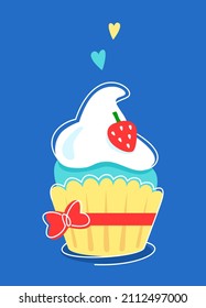 Cake with strawberries and white cream, tied with a red ribbon and a bow. Cute vector illustration isolated on blue background.