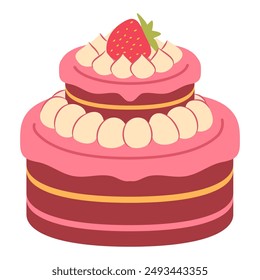 Cake with strawberries.Birthday cake. Bakery products fruits topping.Sweet food dessert.Pastry dessert.Vector flat illustration.Isolated on white background.