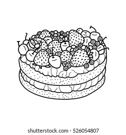 Cake with strawberry, cherry, bilberry, cream, vector illustration, tasty, delicious, desert