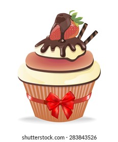 Cake with strawberry in chocolate, vector