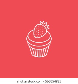 Cake With Strawberry Line Icon On Red Background