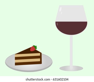 Cake with strawberry on top with glass of wine vector illustration
