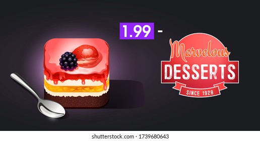 CAKE WITH STRAWBERRY AND SPOON [EPS 10]