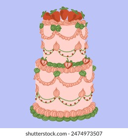Cake with strawberry. Sweet tasty pink cake. Green color cream decoration. Retro trendy style food. Hand drawn isolated vector illustration. Party, birthday, wedding, anniversary celebration design