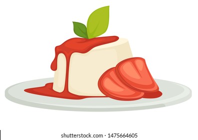 Pastel con jarabe de fresa en placa vectorial comida aislada con gelatina de mousse dulce con hierba de baya y de hoja de menta para el efecto aromático, galleta cocida glaseada para una ocasión especial de estilo plano