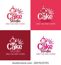 Cake Studio  or bread logo design.Sweet cakes, birthday cakes, cup cakes, cakes with cherries.Logos for businesses, cake shops, cake shops etc.