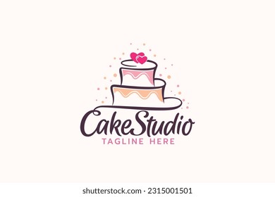 Cake studio logo with a combination of beautiful lettering and a cake in line style.