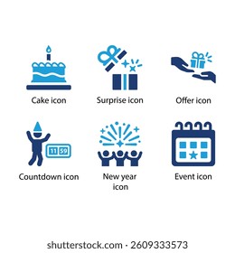Cake, Surprise, Offer, Countdown, New year, Event, Event, Blue Icon Set