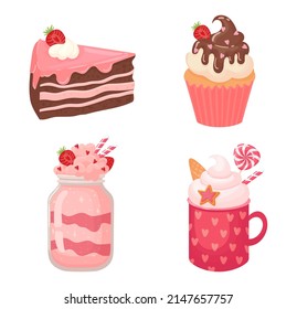 Cake sweet cartoon and milkshake with cream. Vector cake chocolate and cartoon milkshake, dessert food with cream, tasty delicious cute cupcake illustration