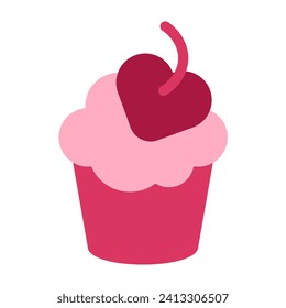 Cake sweet dessert on valentine day icon vector. Delicious creamy muffin decorated cherry fruit in heart shape. Baked confectionery food cupcake, tasty pastry breakfast flat cartoon illustration