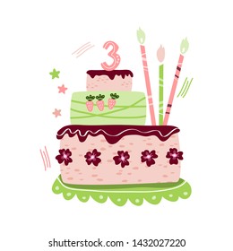 Cake sweet gift for 3 year greeting card. Design elements for birthday. Kids holiday birthday cartoon vector illustration doodle style. Cake with candles, strawberries, number 3 and flowers-01