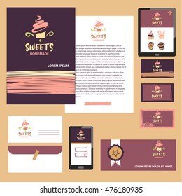 Cake And Sweet Shop Logo. Homemade Dessert. Element Of Design For Corporate Identity, Banner, Business Card, Poster With Freehand Drawn Vector Sweet Logo. 