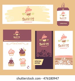 Cake and sweet shop logo. Homemade dessert. Element of design for corporate identity, banner, business card, poster with freehand drawn vector sweet logo. 