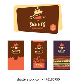 Cake And Sweet Shop Logo. Homemade Dessert. Element Of Design For Corporate Identity, Banner, Business Card, Poster With Freehand Drawn Vector Sweet Logo. 