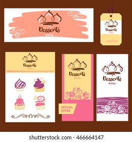 Cake and sweet shop logo. Royal dessert. Element of design for corporate identity, banner, business card, poster with freehand drawn vector dessert logo. 