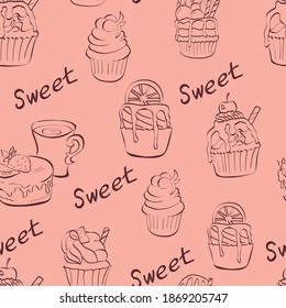 Cake, sweet, tasty hand drawn vector seamless pattern isolated on pink background. Concept for wallpaper, wrapping paper, cards, menu