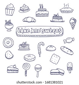 Cake and sweets doodles element vector illustration in cute hand drawn style isolated on white background 