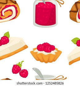 Cake sweets food with sugary ingredients and raspberry seamless pattern vector brownie and roll glass jar filled with jam made from fresh berries and fruits piece of dessert teacup with spoon.