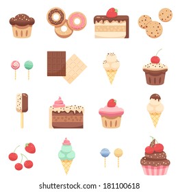 Cake and sweets icons set. Cake, candy, cherry, chocolate, cupcake, muffin, cookie, donut, ice cream, lollipop. Cartoon illustration of 16 cake and sweets icons for design.