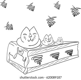 Cake. Sweets.Contour. Cat. Cat's cake. A pink cake. Illustration. Cartoon. Emblem.
