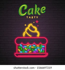 Cake Tasty Logo Neon Light Glowing Vector Illustration Bright. Cake Sweet Icon Silhouette