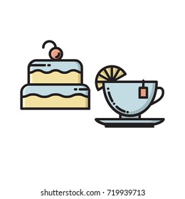 Cake and tea cup, bakery, confectionary shop, chocolate house thin line flat style icon, vector illustration isolated on white background. Flat style thin line icon of birthday cake and cup of tea