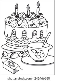 Cake and tea. On the table birthday cake with three candles, two sweets and cup of tea on the saucer. Coloring page