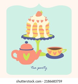 Cake and tea vector set. Food, bakery design. Flat style gift card. Tea party invitation. Heart ornate teapot, cup, strawberry whipped cream cake. Birthday party.