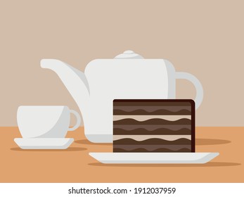 cake, teacup and teapot simple vector illustration