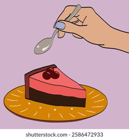 Cake and teaspoon in hand vector illustration. Piece of chocolate cake with cream on a porcelain saucer plate. Hand drawn image for bakery menu. Cake drawing for decorating cafe design. Sweet dessert.