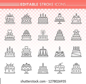 Cake Thin Line Icon Set. Outline Web Sign Kit Of Dessert. Sweet Food Linear Icons Of Birthday Homemade Baking, Candle Decoration. Editable Stroke Without Fill. Bakery Simple Contour Vector Symbol