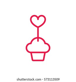 Cake thin line red icon on white background, happy valentine day
