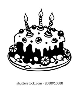 Cake with three burning candles, icing, pieces of fruit. Doodle vector illustration black and white isolated on white background for Happy Birthday greeting card