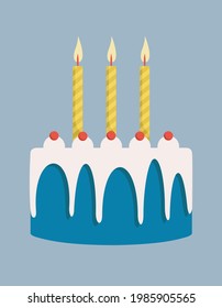 Cake with three candles. Holiday pastry in cartoon style