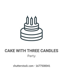 Cake with three candles outline vector icon. Thin line black cake with three candles icon, flat vector simple element illustration from editable party concept isolated stroke on white background