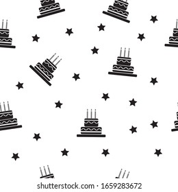 Cake with three candles, stars, silhouette seamless vector pattern. White background.