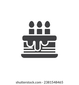 Cake with three candles vector icon. filled flat sign for mobile concept and web design. Birthday Cake glyph icon. Symbol, logo illustration. Vector graphics