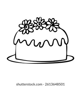 A cake with three flowers on top of it. The cake is white and has a frosting