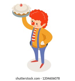 Cake throw prank pie clown isometric circus fun joke party character isolated cartoon design vector illustration