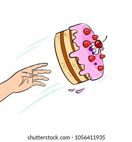 Cake is thrown in face pop art retro vector illustration. Isolated image on white background. Comic book style imitation.