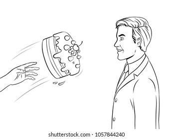 Cake is thrown in man face coloring retro vector illustration. Isolated image on white background. Comic book style imitation.