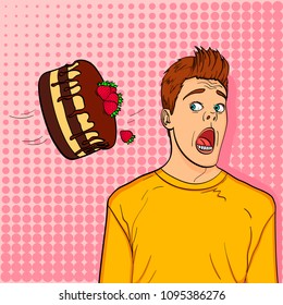 Cake is thrown in man face pop art retro vector illustration. Color background. Comic book style imitation.