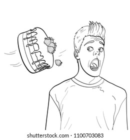 Cake is thrown in man face vector illustration. Children and adult coloring, black lines, white background