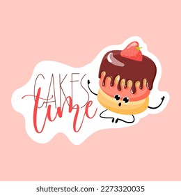 Cake time sticker. chocolate brownie with strawberries sticker. Bakery logo. Vector illustration of bakery and confectionery.